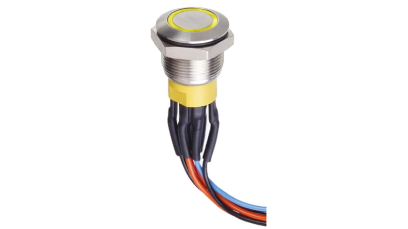 Apem Illuminated Push Button Switch, Momentary, Panel Mount, 19.2mm Cutout, SPDT, Yellow LED, 30V dc, IP67