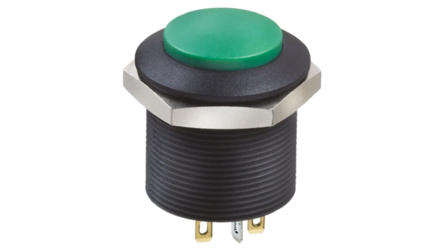 Apem Illuminated Push Button Switch, Panel Mount, 24.2mm Cutout, DPDT, Green LED, 12V dc