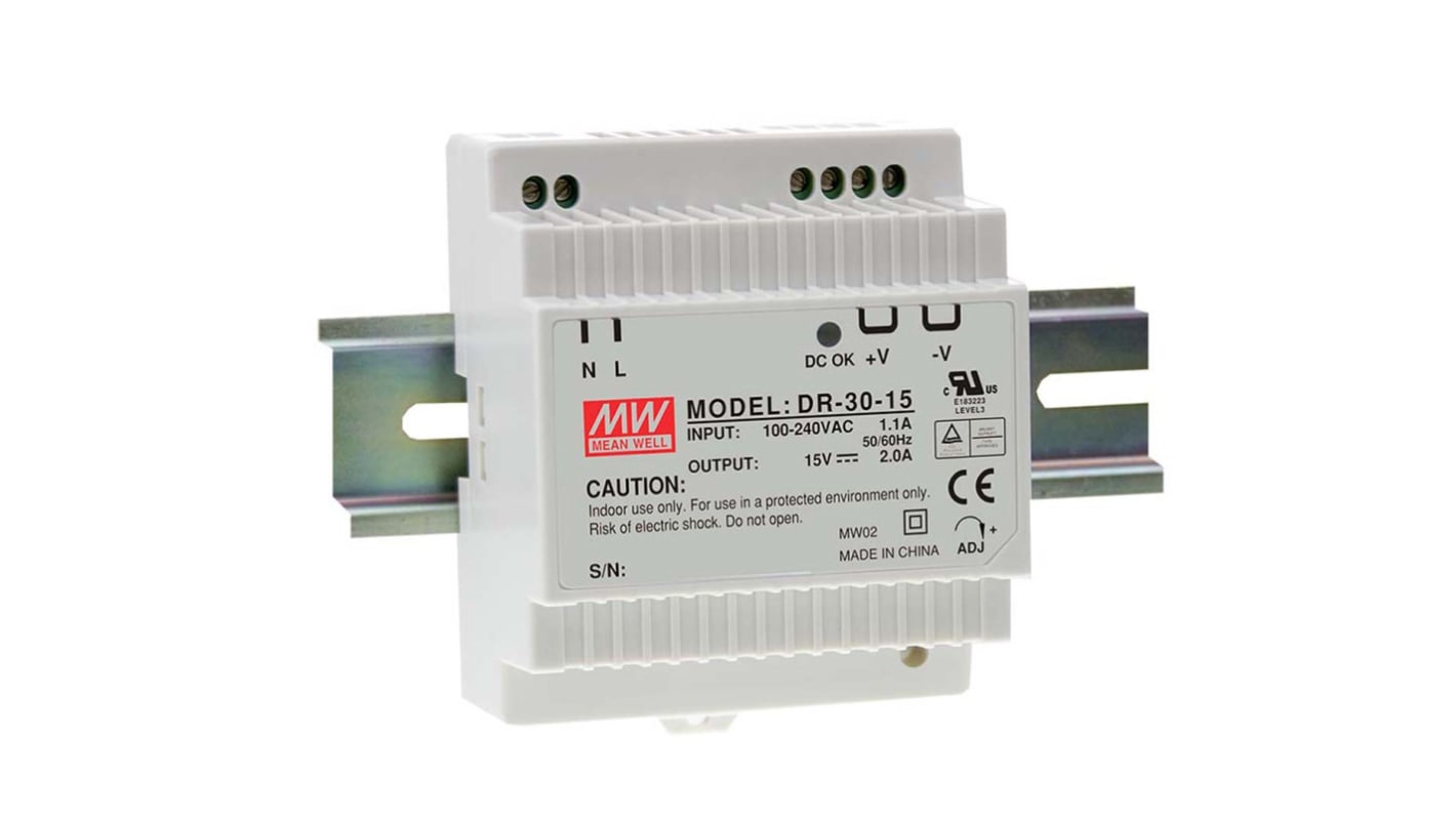 Mean Well DR Switch Mode DIN Rail Panel Mount Power Supply, 85 → 264V ac ac Input, 12V dc dc Output, 2A Output,