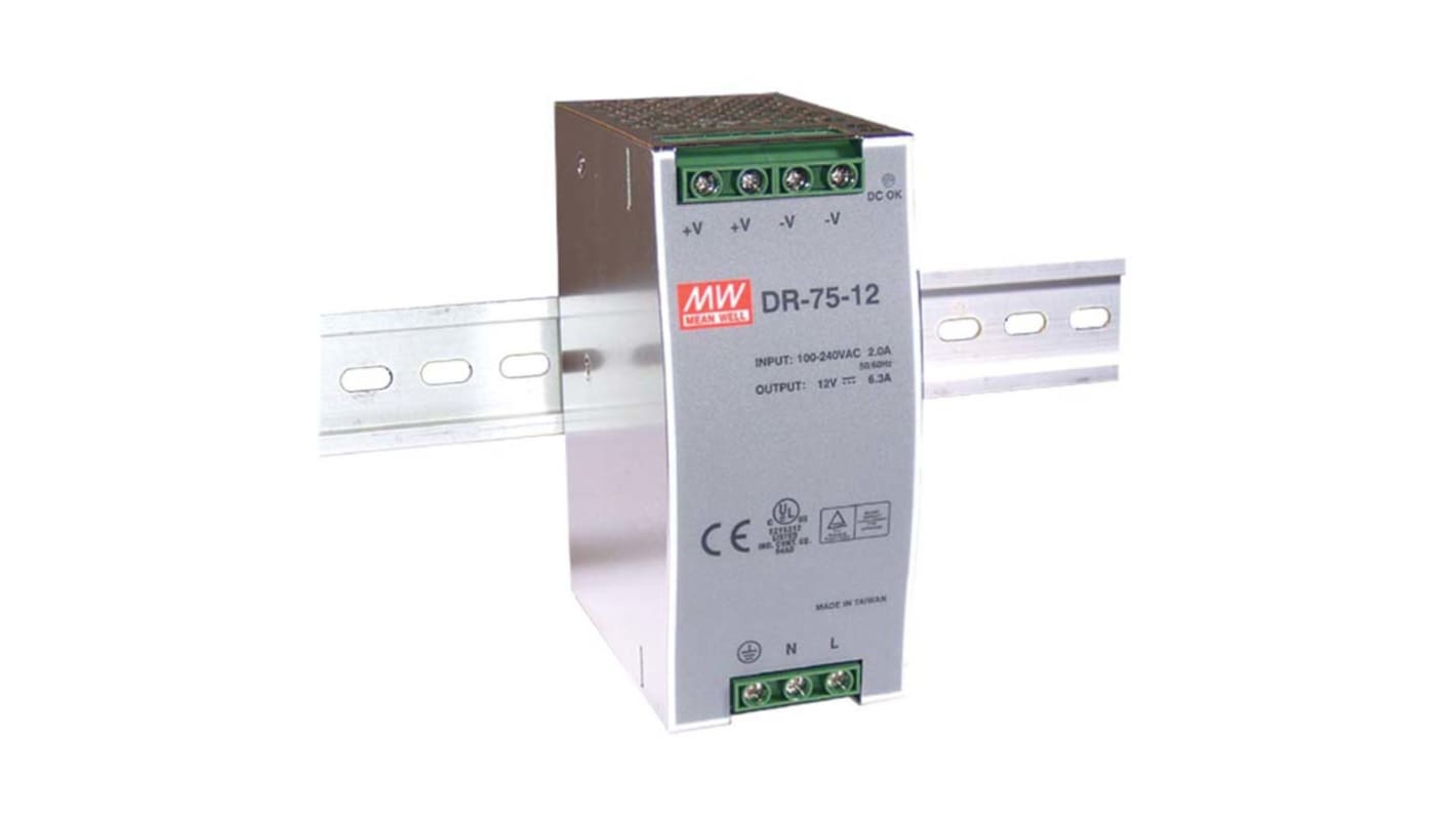 DR-75-48 | MEAN WELL DR Switch Mode DIN Rail Power Supply, 85 → 264V ac ...