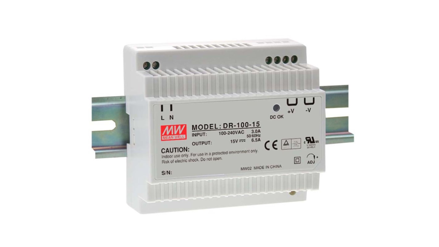 Mean Well DR Switch-Mode DIN-Schienen Netzteil 100W, 88 → 264V ac, 24V dc / 4.2A