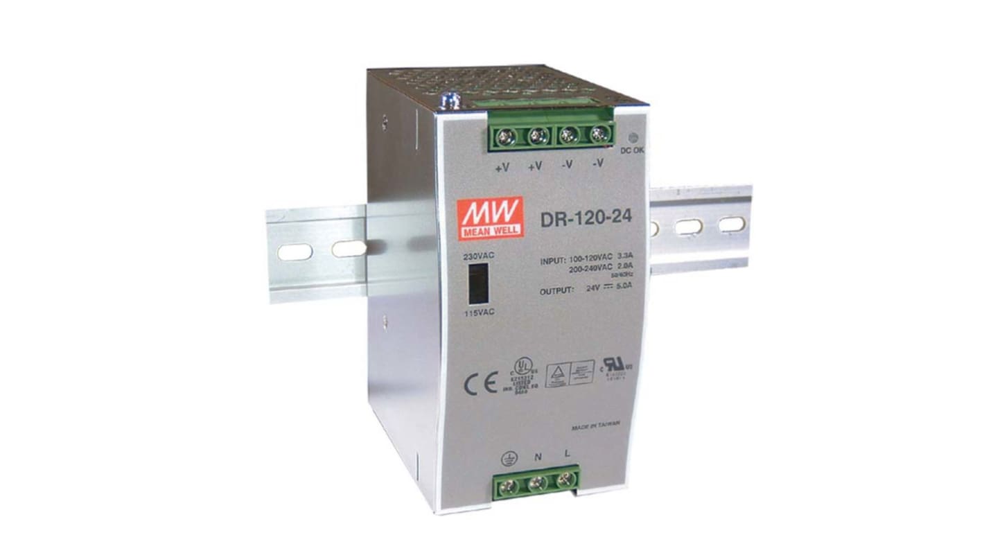 Mean Well DR Switch Mode DIN Rail Panel Mount Power Supply, 88 → 132V ac ac Input, 48V dc dc Output, 2.5A