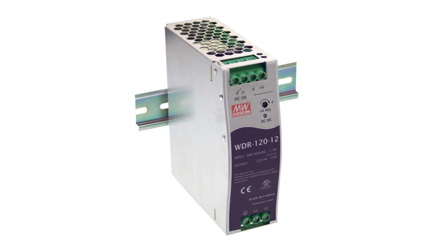 MEAN WELL WDR Switch Mode DIN Rail Power Supply, 180 → 550V ac ac Input, 12V dc dc Output, 10A Output, 120W