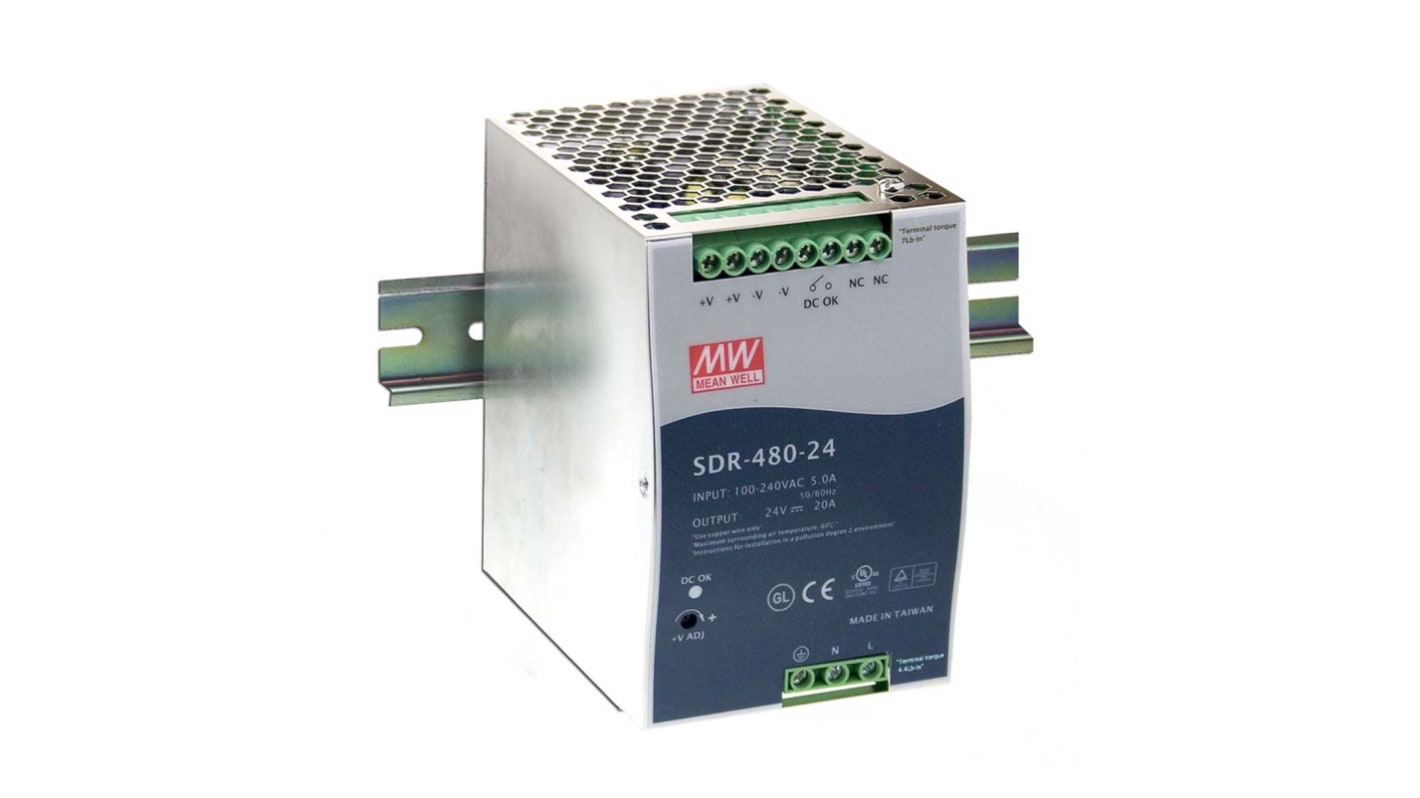 Mean Well SDR-480-48 DIN Rail Power Supply – 48V 10A, 480W With Active PFC