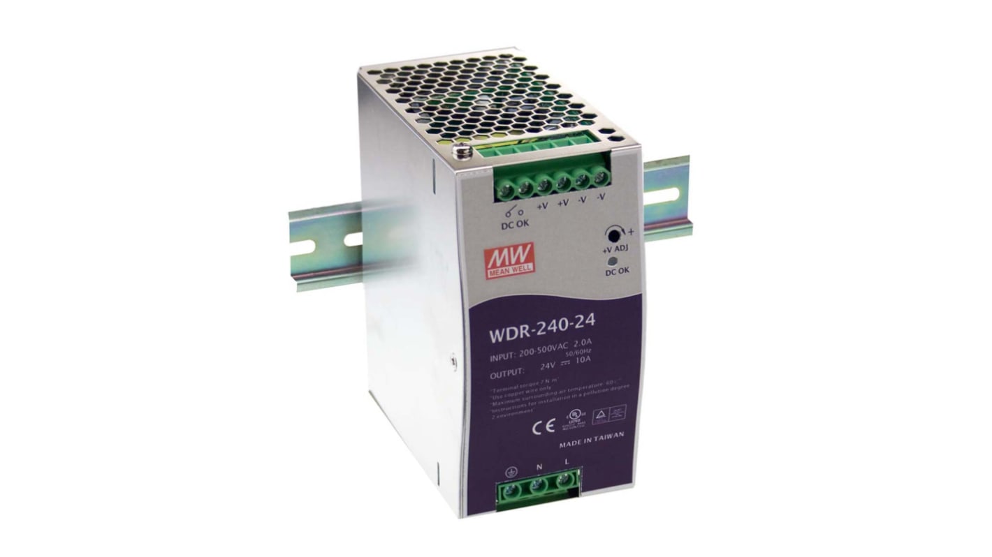 Alimentation pour rail DIN MEAN WELL, série WDR, 48V c.c.out 5A, 180 → 550V c.a.in, 240W