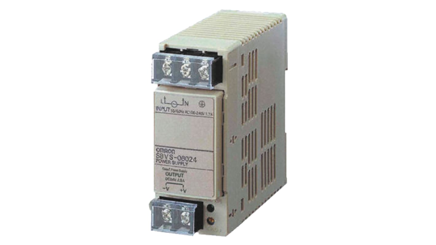 Omron S8VS Switch Mode DIN Rail Power Supply, 230V ac, 24V dc dc Output, 2.5A Output, 60W