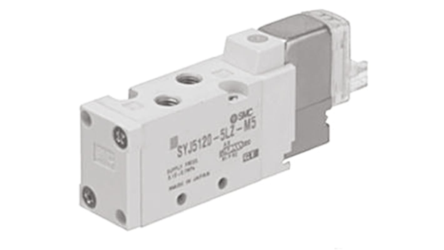 SMC SYJ5000 Pneumatik-Magnetventil 5/2 Einzelplatzinstallation M5, Feder/Magnet-betätigt 24V dc