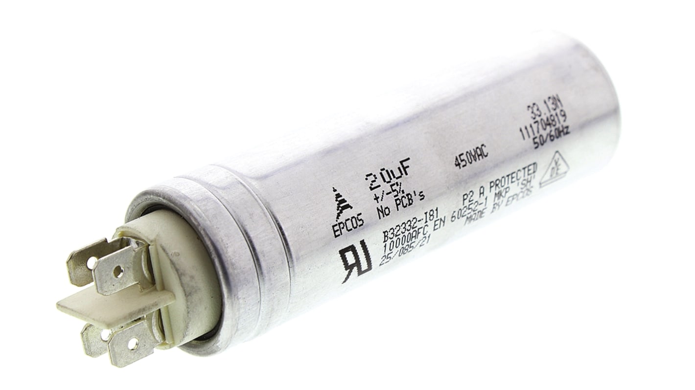 EPCOS B32332 Polypropylene Film Capacitor, 450V ac, ±5%, 20μF, Stud Mount