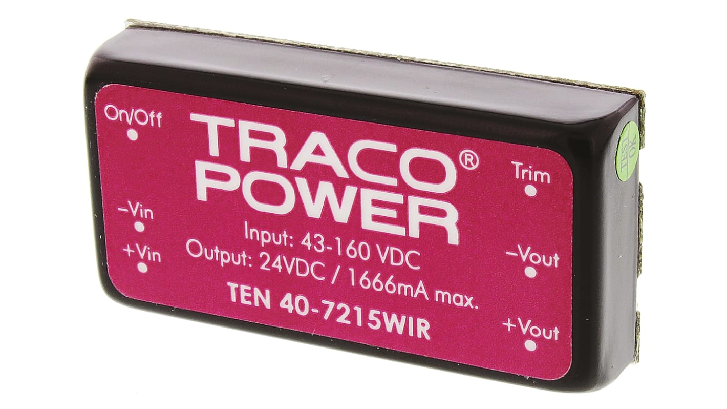 Convertisseur DC-DC TRACOPOWER, TEN 40WIR, Montage traversant, 40W, 1 sortie, 24V c.c., 1.67A