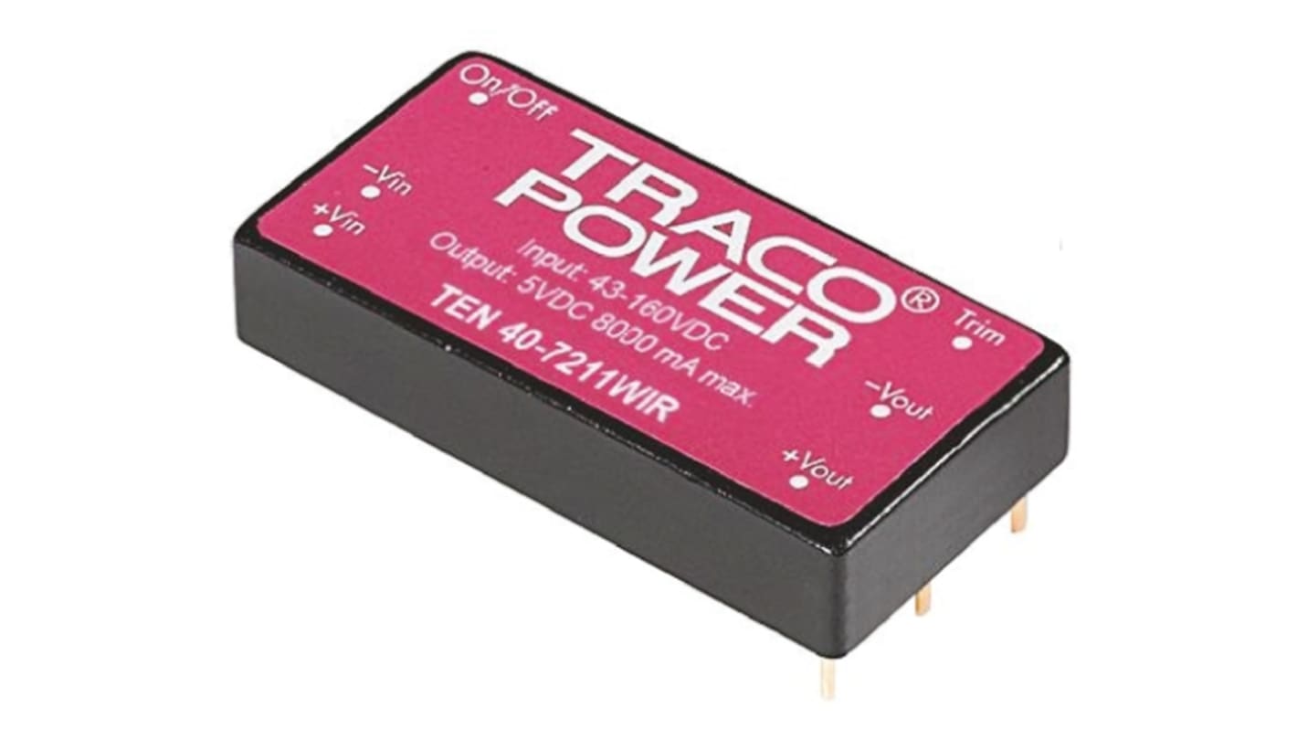 TRACOPOWER TEN 40WIR DC-DC Converter, 12V dc/ 3.33A Output, 43 → 160 V dc Input, 40W, Through Hole, +85°C Max