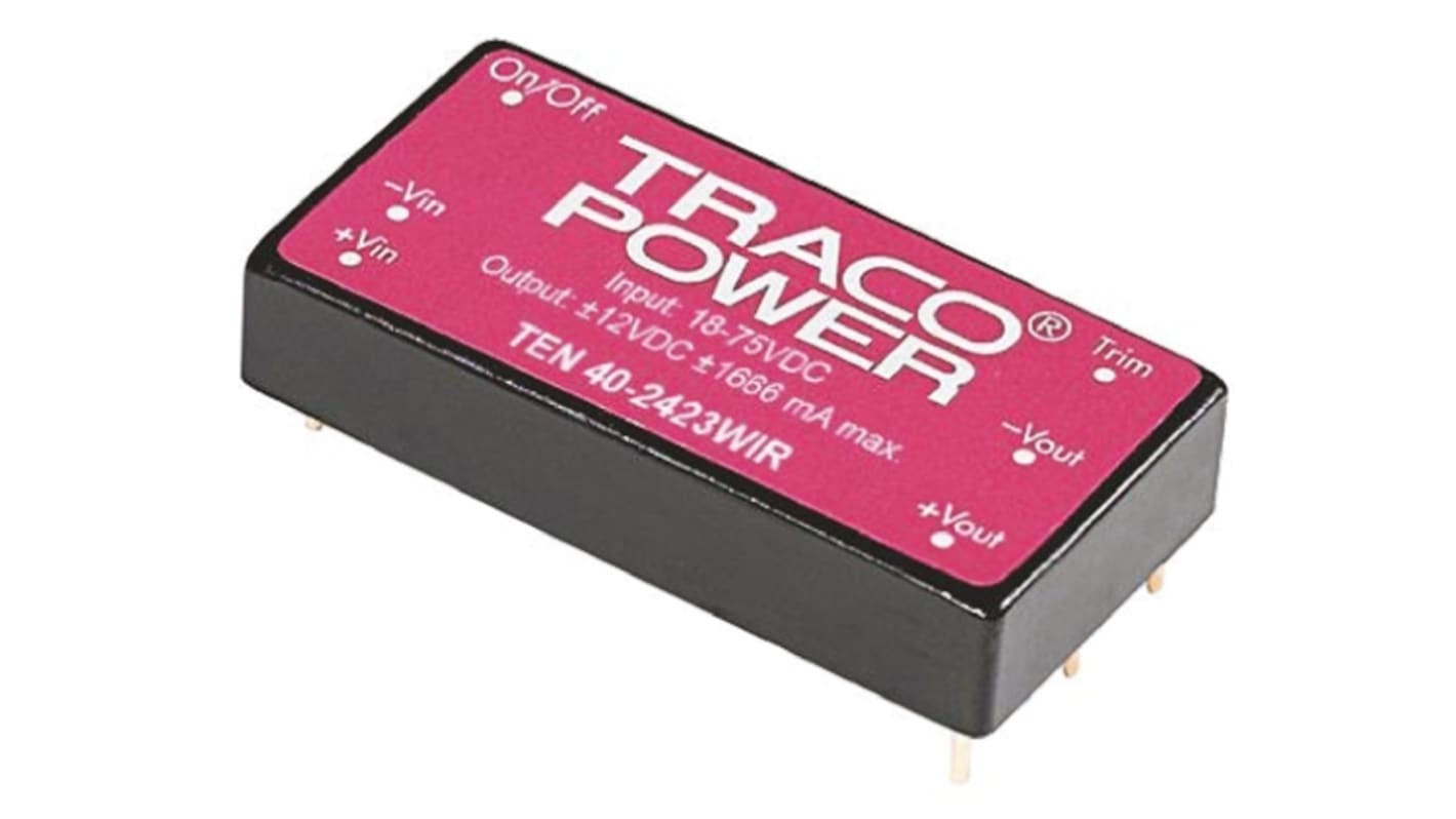 TRACOPOWER TEN 40WIR DC-DC Converter, ±12V dc/ ±1.67A Output, 9 → 36 V dc Input, 40W, Through Hole, +85°C Max