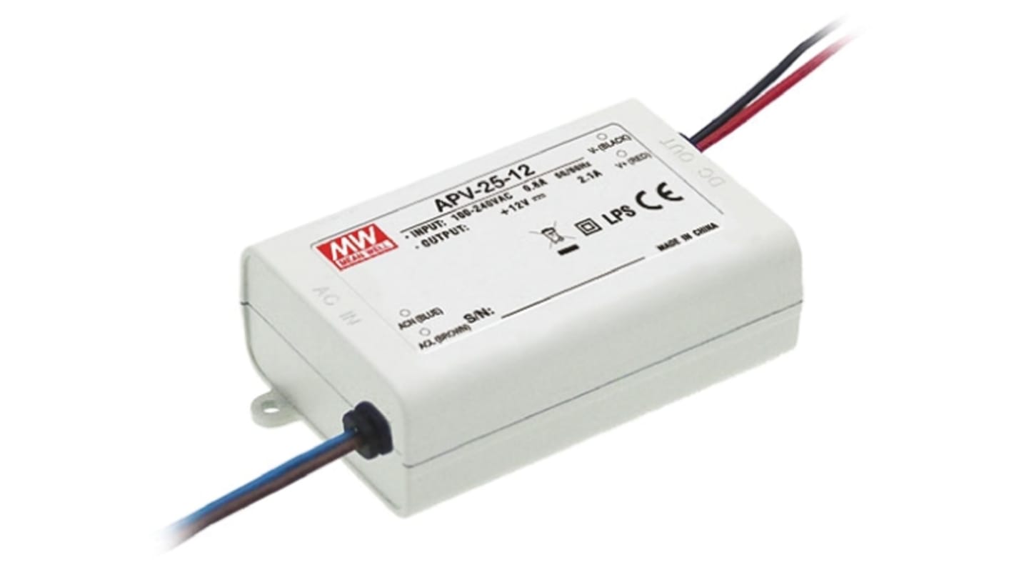 Driver LED tensión constante MEAN WELL de salidas, IN: 127 → 370 V dc, 90 → 264 V ac, OUT: 12V, 2.1A,