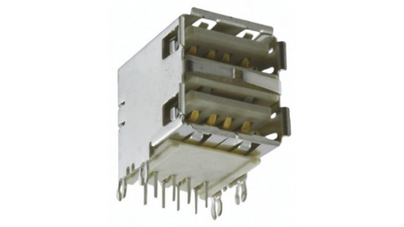 Conector USB Amphenol ICC 72309-8034BLF, Hembra, 2 puertos, Ángulo de 90° , Montaje en orificio pasante, Versión 2.0
