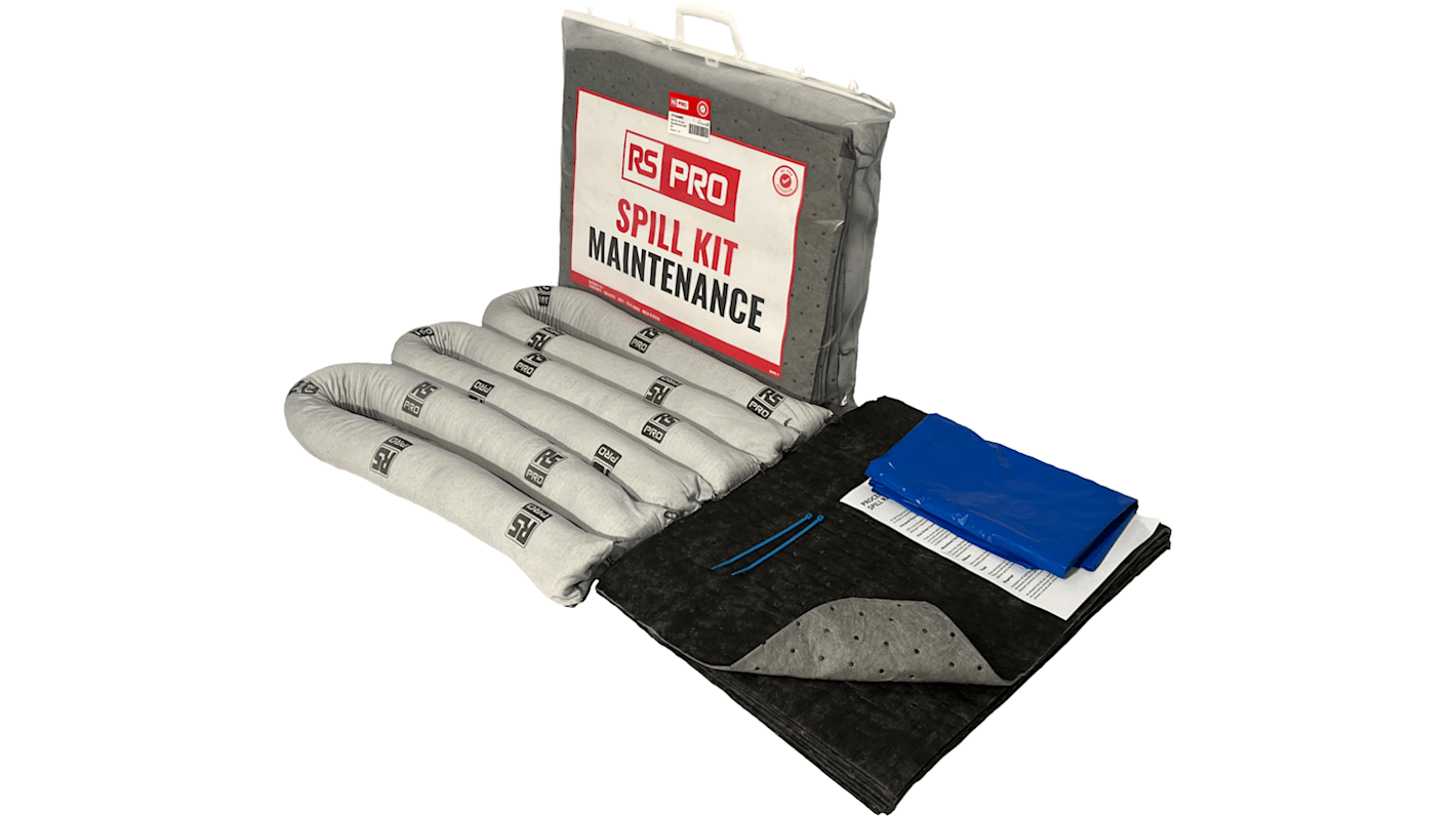 Kit para derrames RS PRO, contiene 1 bolsa y cordones, 3 forros de 1,2 m, 8 almohadillas, capacidad de absorción 15 L,