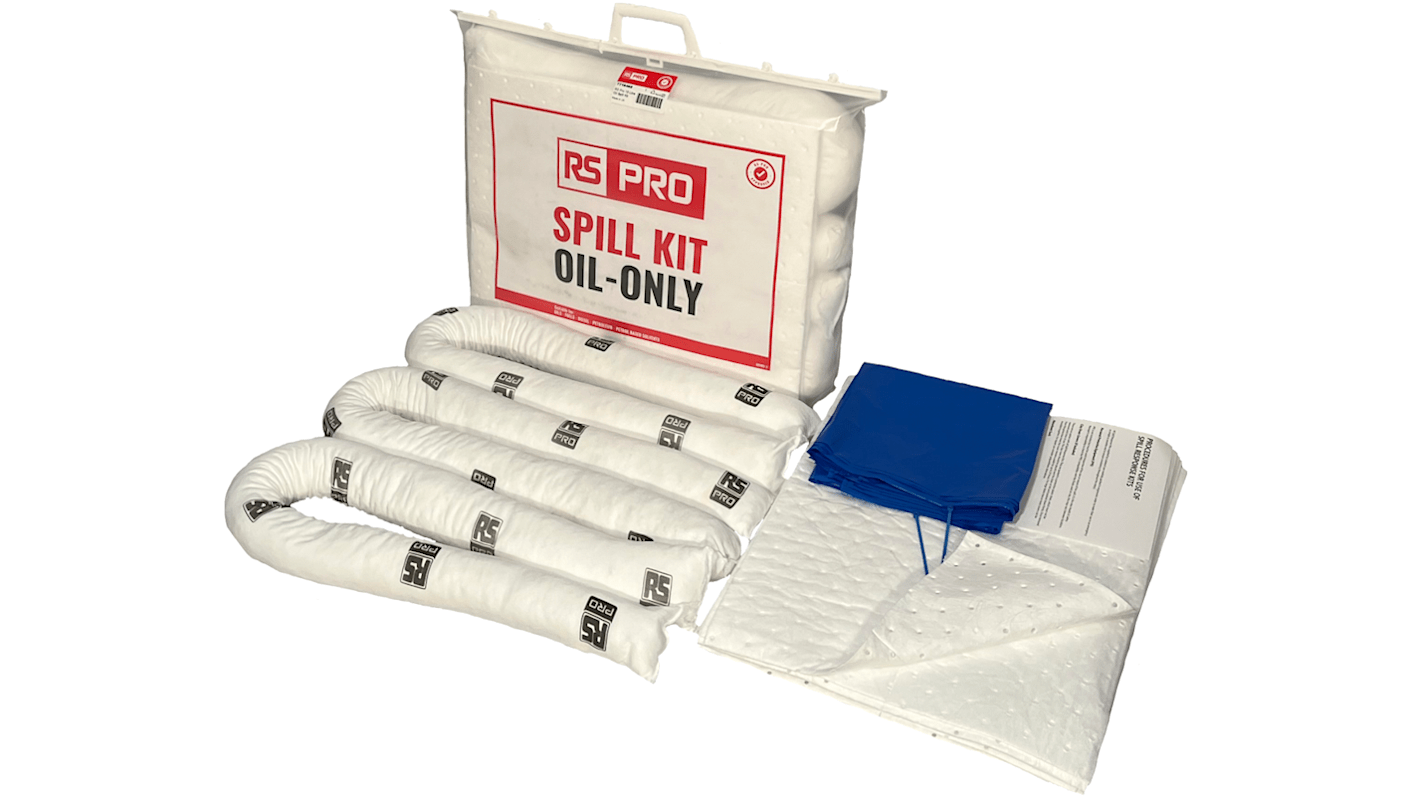 Kit para derrames RS PRO, contiene 1 bolsa y cordones, 3 forros de 1,2 m, 8 almohadillas, capacidad de absorción 15 L,