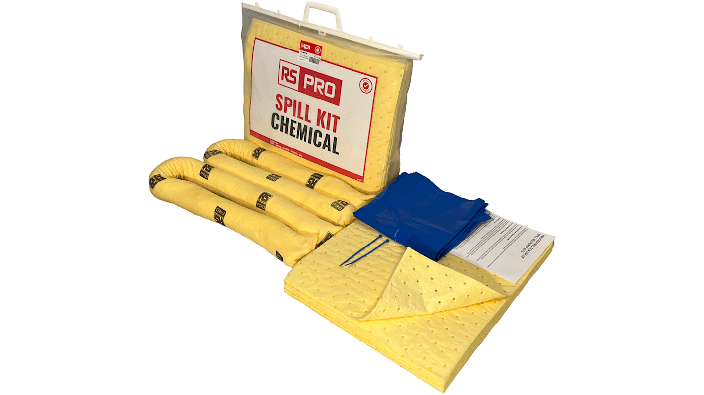 Kit de déversement contient 1 sac et attaches, 2 boudins de 1,2 m, 20 tampons 550 x 450 x 100 mm pour Produit chimique