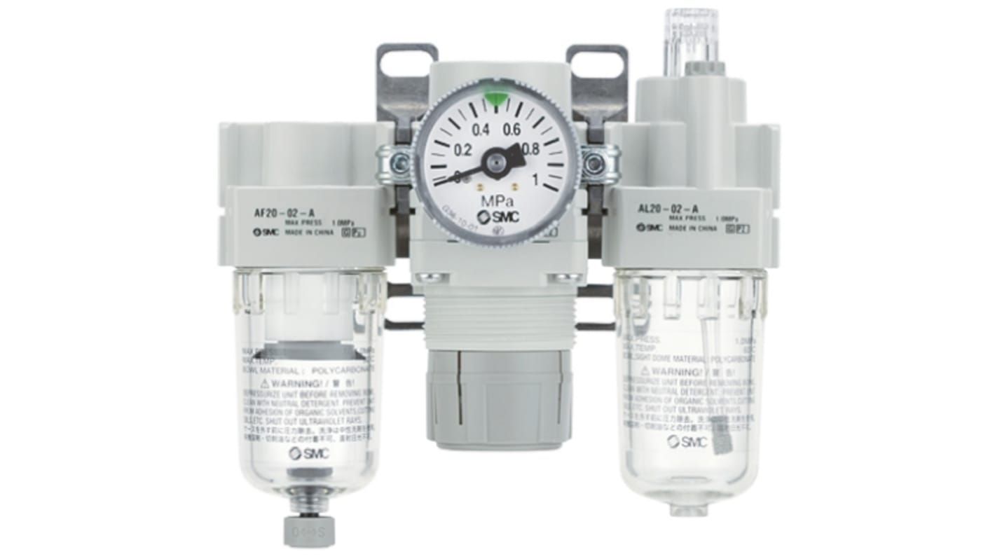 SMC Rc 1/4 FRL, Manual Drain, 5μm Filtration Size - Without Pressure Gauge