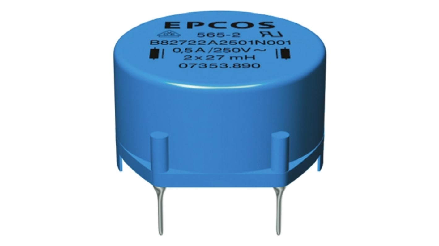 EPCOS Tápvezeték elfojtó 27 mH ±30% Ferrit, Idc: 500mA, Rdc: 1.2Ω, max.: 250 V AC, B82721A sorozat