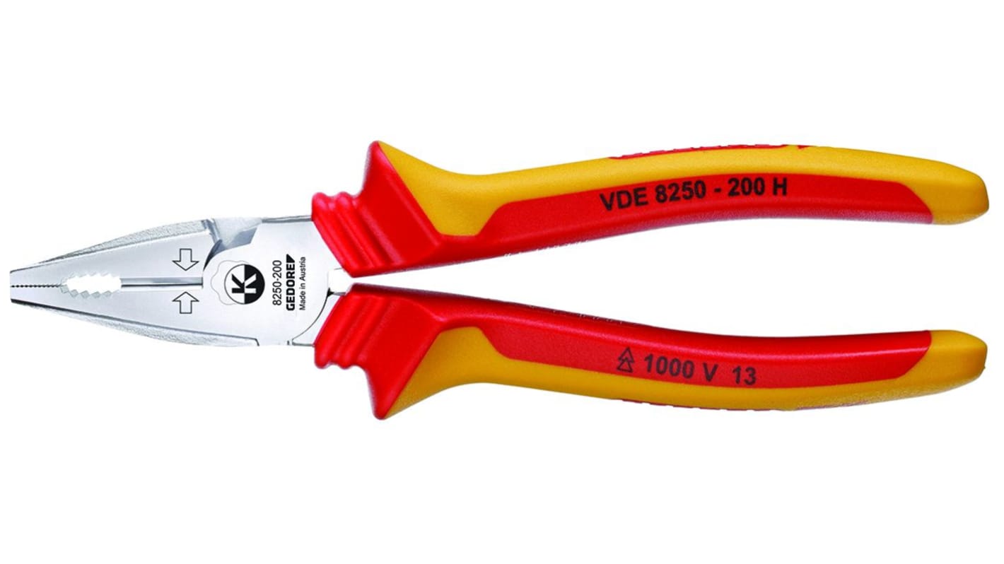 Gedore Pliers, 200 mm Overall, Straight Tip, VDE/1000V, 39,5mm Jaw