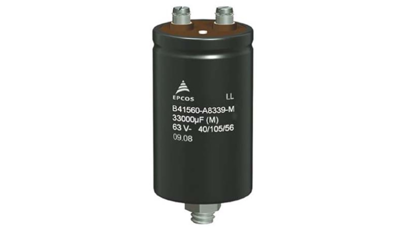 Condensador electrolítico EPCOS serie B41560, 15000μF, ±20%, 63V dc, mont. roscado, 51.6 x 80.7mm, paso 22.2mm