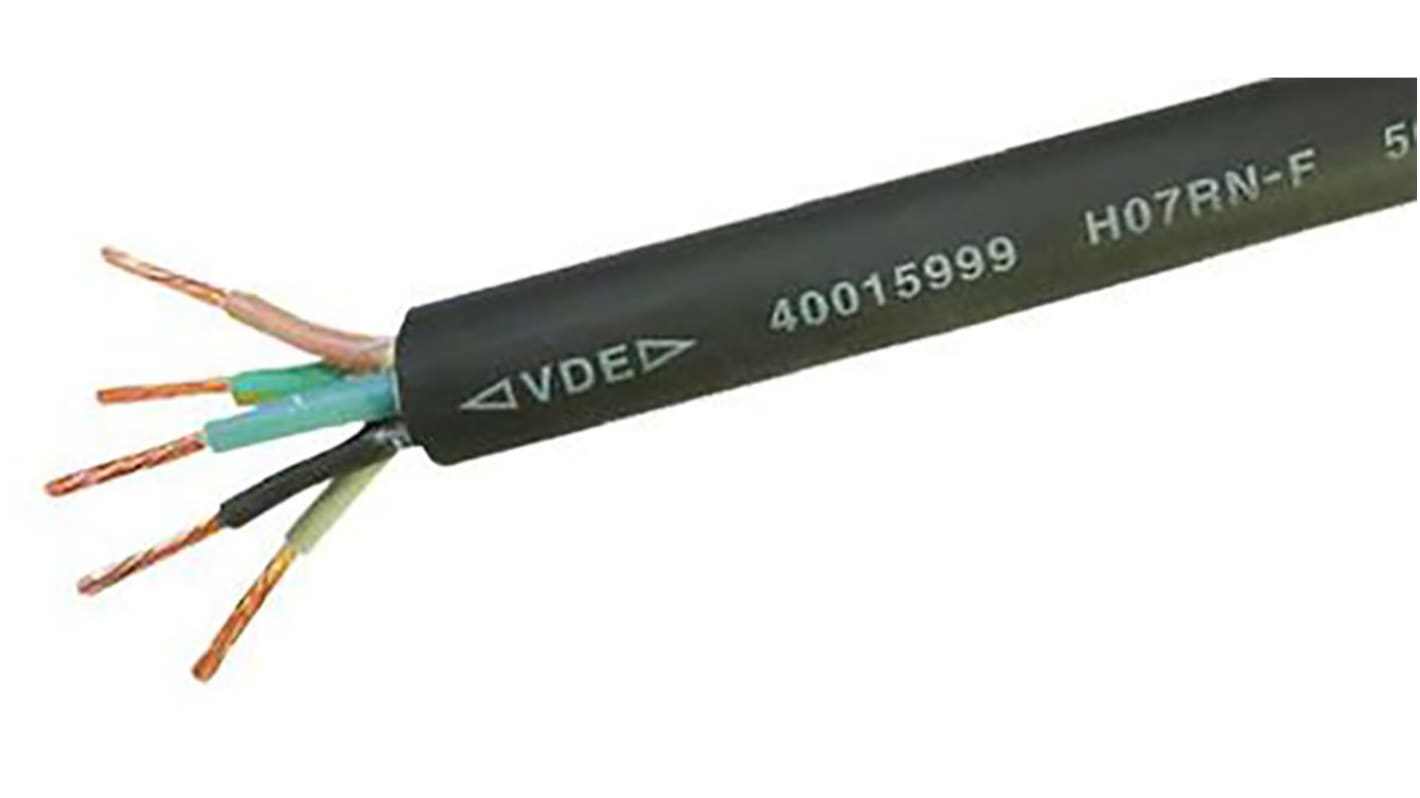 RS Pro VDE 0285-525-2-21 5 Core Black Unscreened H07RN-F Stranded, CPE Sheath Mains Power Cable H07RNF, 2.5 mm² CSA 25 A