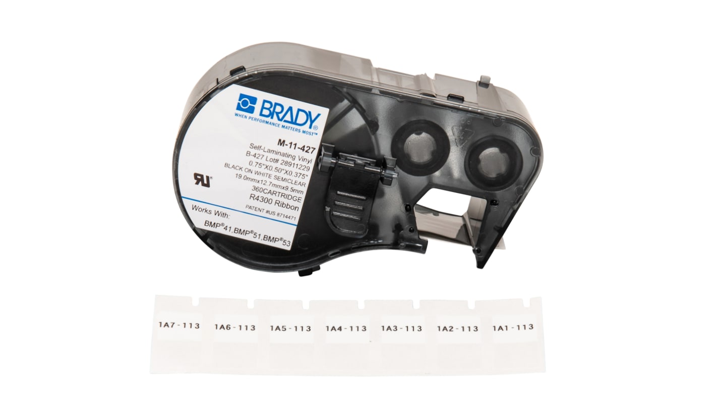 Brady B-427 Self-laminating Vinyl Black on White/Transparent Label Printer Tape, 12.7 mm Width, 19.05mm Label Length