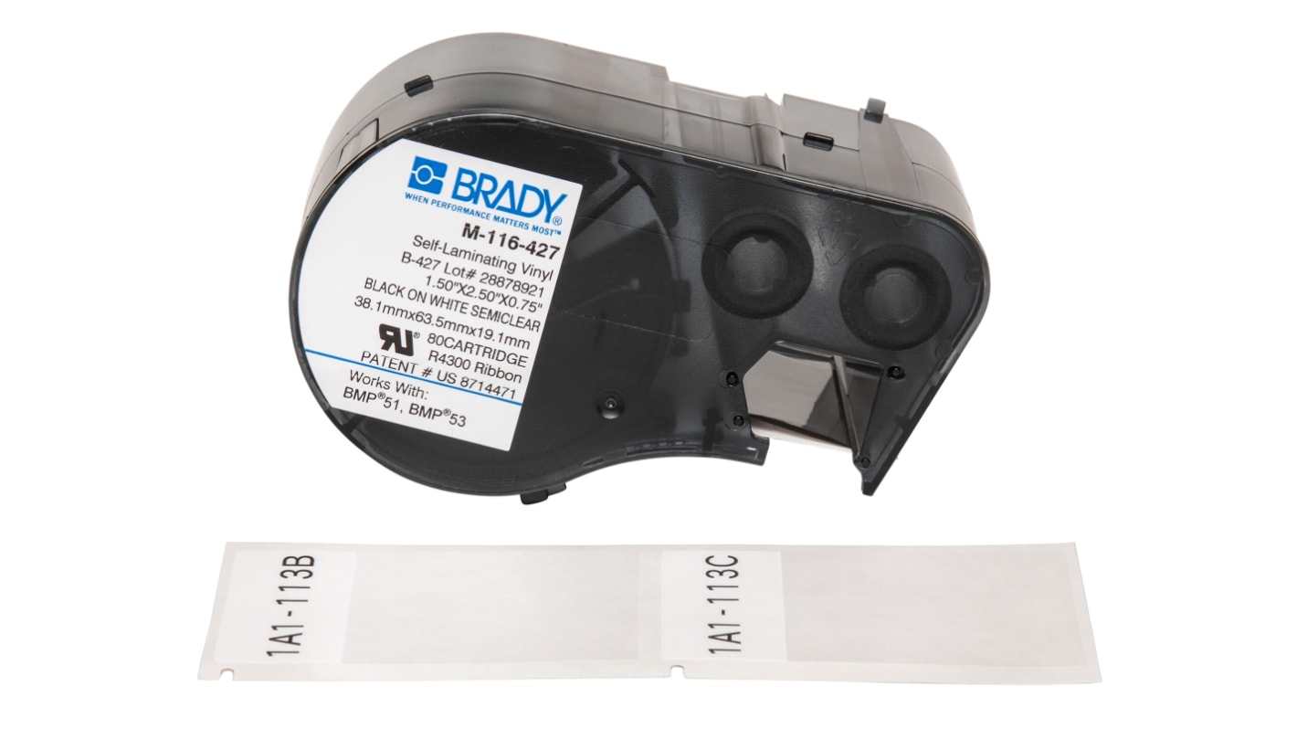 Brady B-427 Self-laminating Vinyl Black on White/Transparent Label Printer Tape, 38.1 mm Width, 63.5mm Label Length