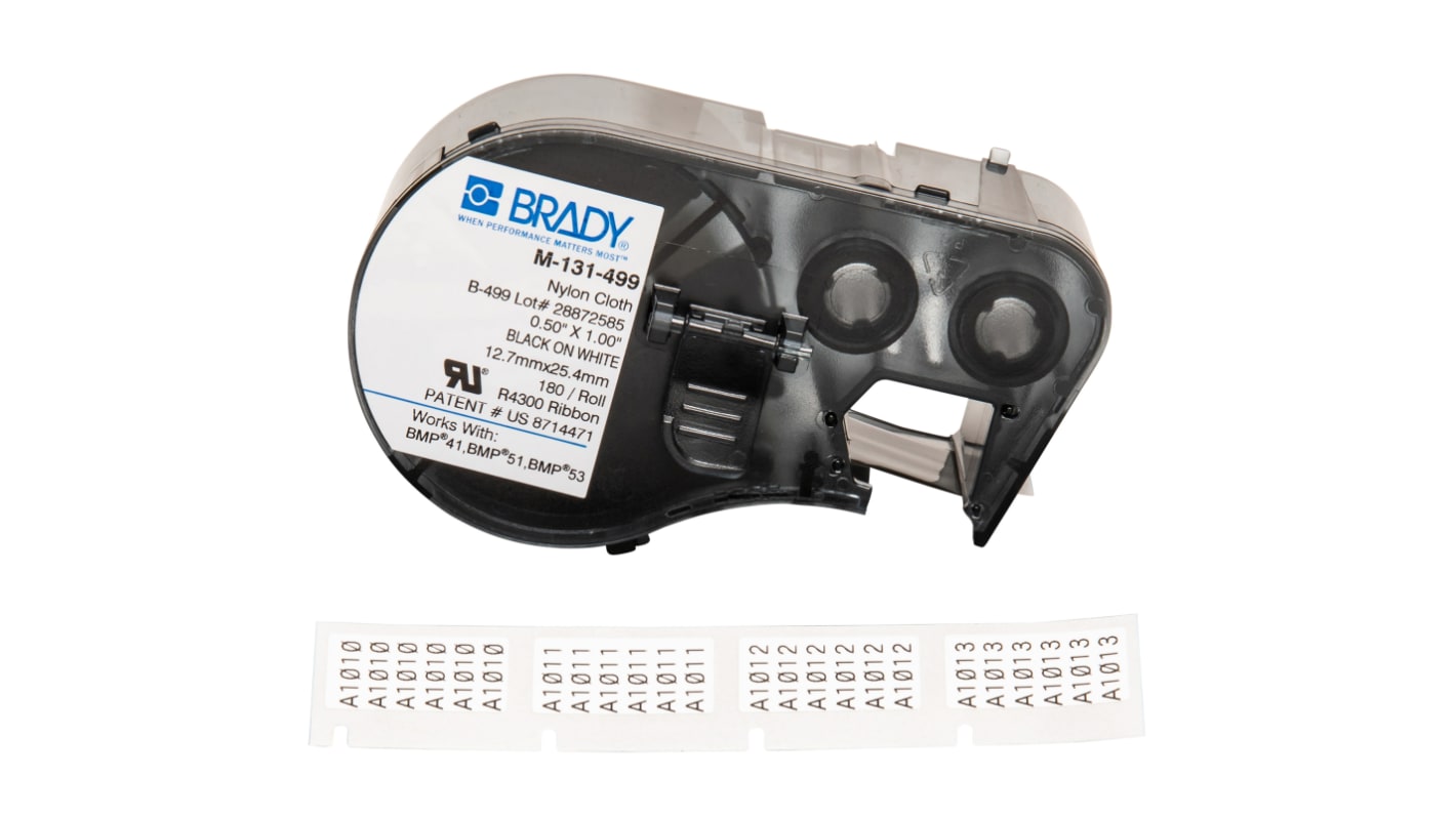 Brady B-499 Nylon Cloth Black on White Label Printer Tape, 25.4 mm Width, 12.7mm Label Length