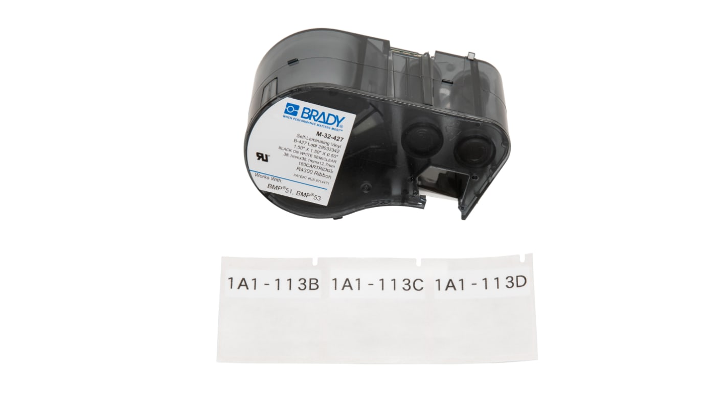 Brady B-427 Self-laminating Vinyl Black on White/Transparent Label Printer Tape, 38.1 mm Width, 38.1mm Label Length