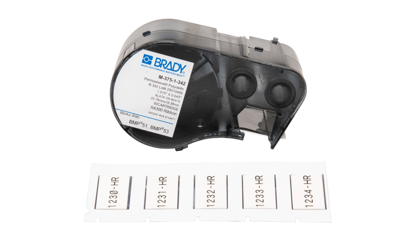 Brady B-342 PermaSleeve Black on White Label Printer Tape, 25.78 mm Width, 16.38mm Label Length