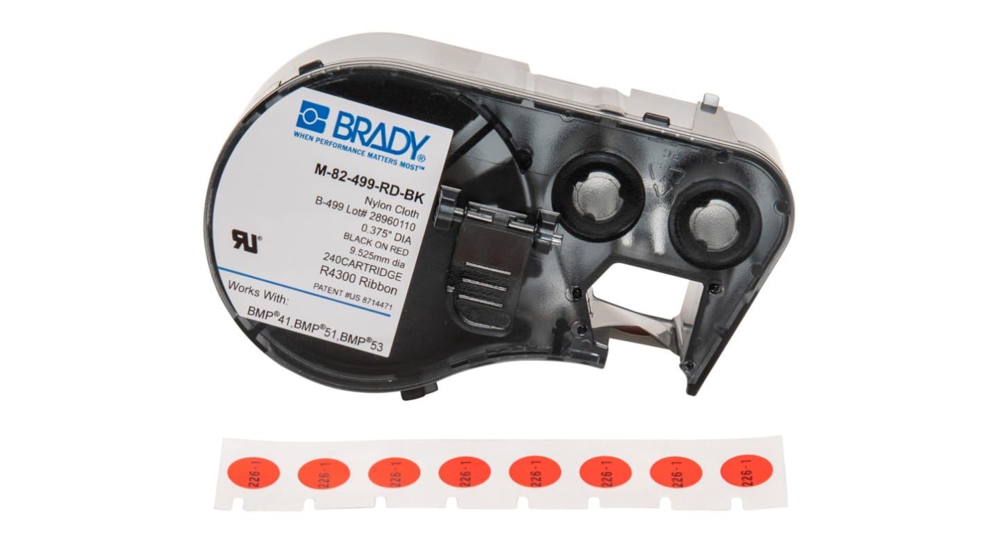 Brady B-499 Nylon Cloth Black on Red Label Printer Tape, 9.53 mm Width, 9.53mm Label Length