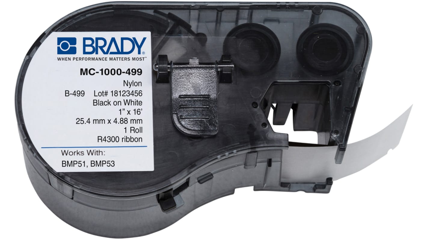 Brady B-499 Nylon Cloth Black on White Label Printer Tape, 4.88 m Length, 25.4 mm Width