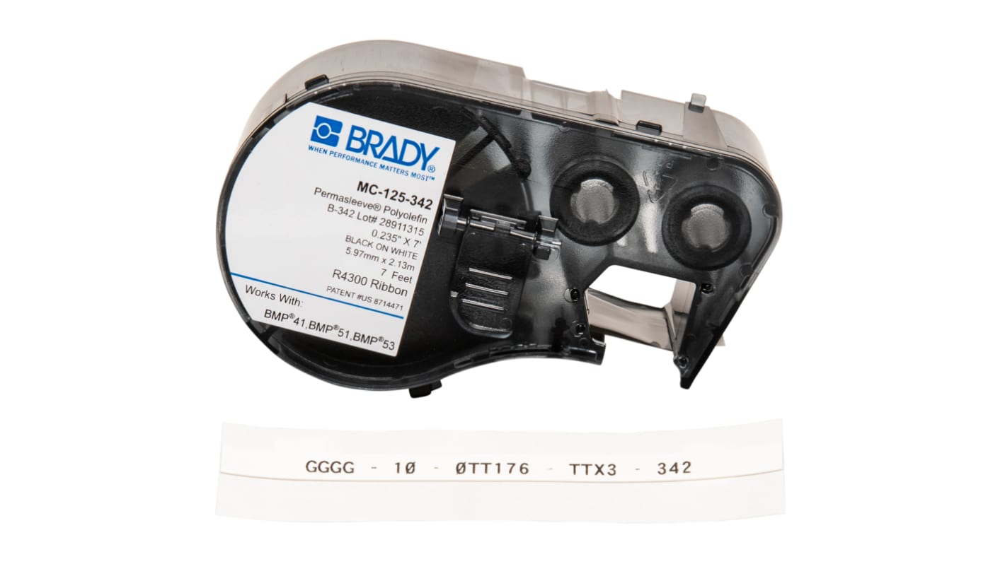 Brady B-342 PermaSleeve Black on White Label Printer Tape, 2.13 m Length, 5.97 mm Width