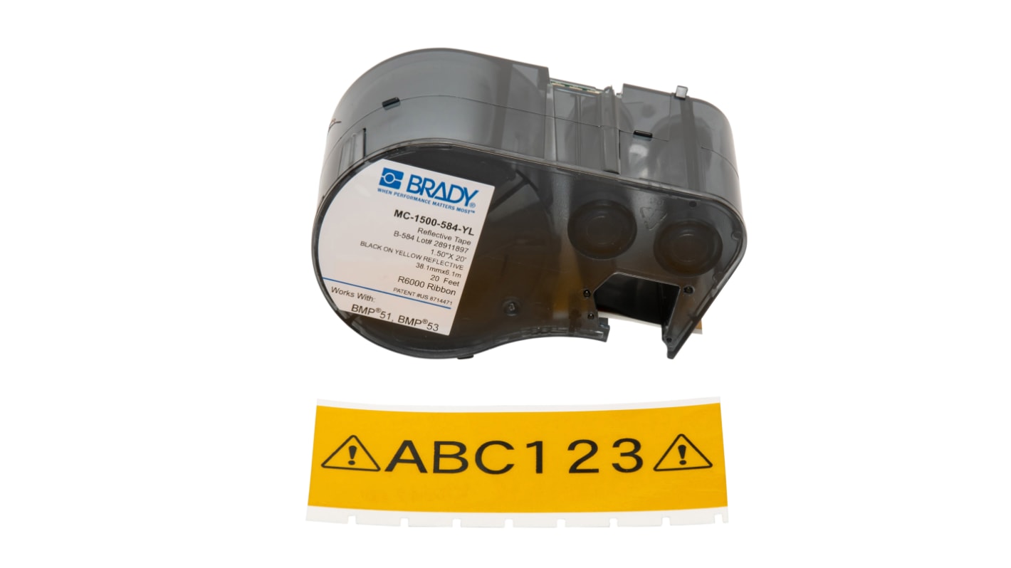 Brady B-584 Reflective Black on Yellow Label Printer Tape, 6.1 m Length, 38.1 mm Width