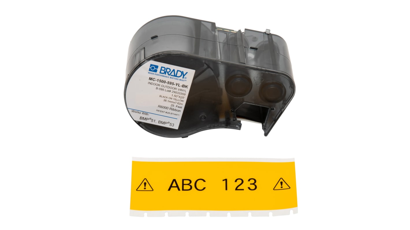 Brady B-595 Vinyl Black on Yellow Label Printer Tape, 7.62 m Length, 38.1 mm Width