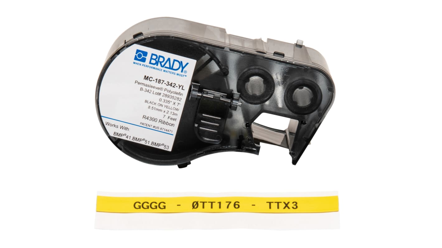 Brady B-342 PermaSleeve Black on Yellow Label Printer Tape, 2.13 m Length, 8.51 mm Width