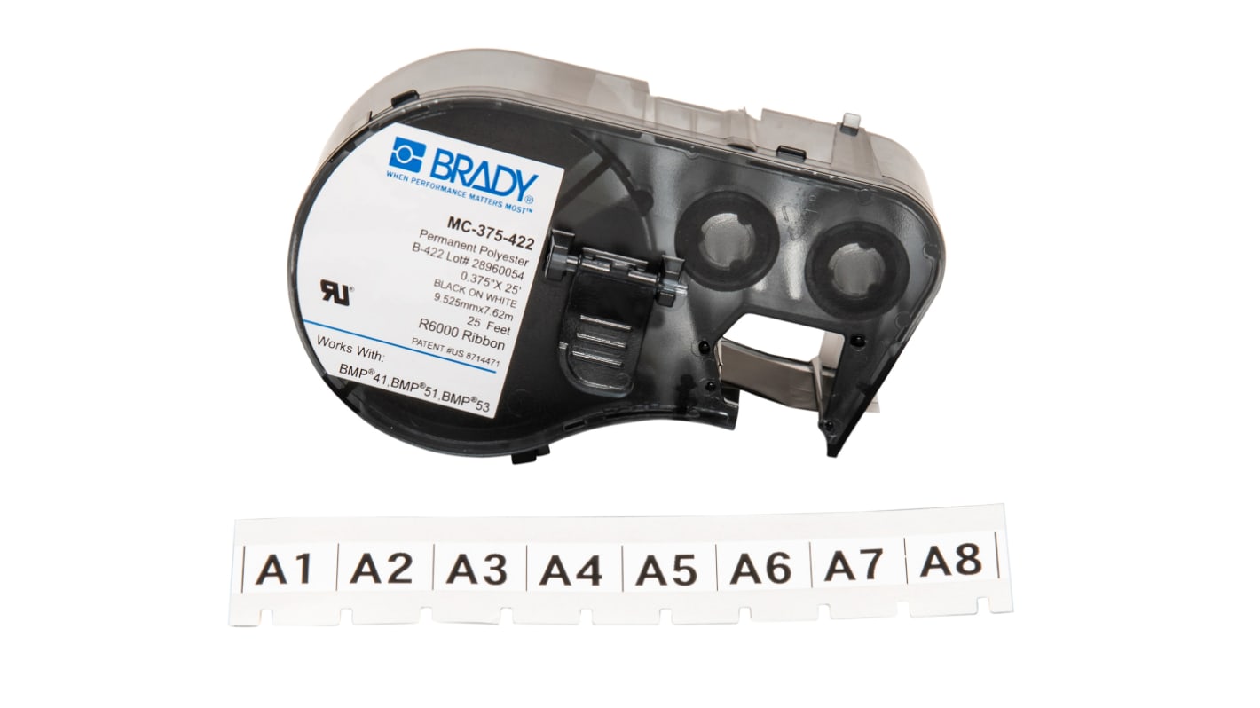 Brady B-422 Black on White Label Printer Tape, 7.62 m Length, 9.53 mm Width