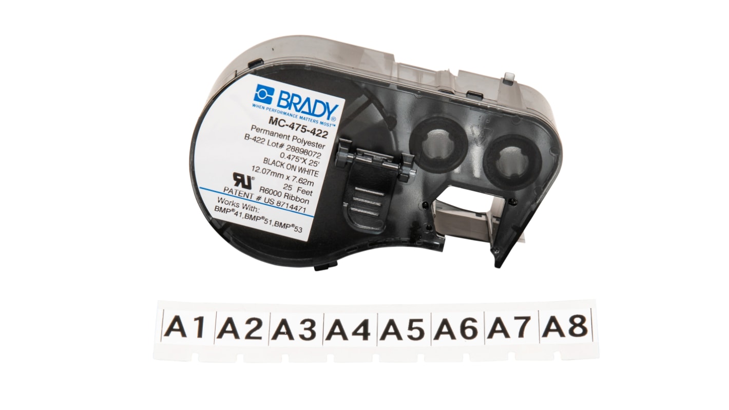 Brady B-422 Black on White Label Printer Tape, 7.62 m Length, 12 mm Width