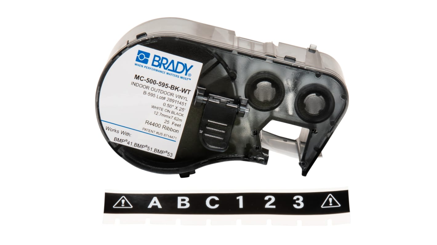 Brady B-595 Vinyl White on Black Label Printer Tape, 7.62 m Length, 12.7 mm Width