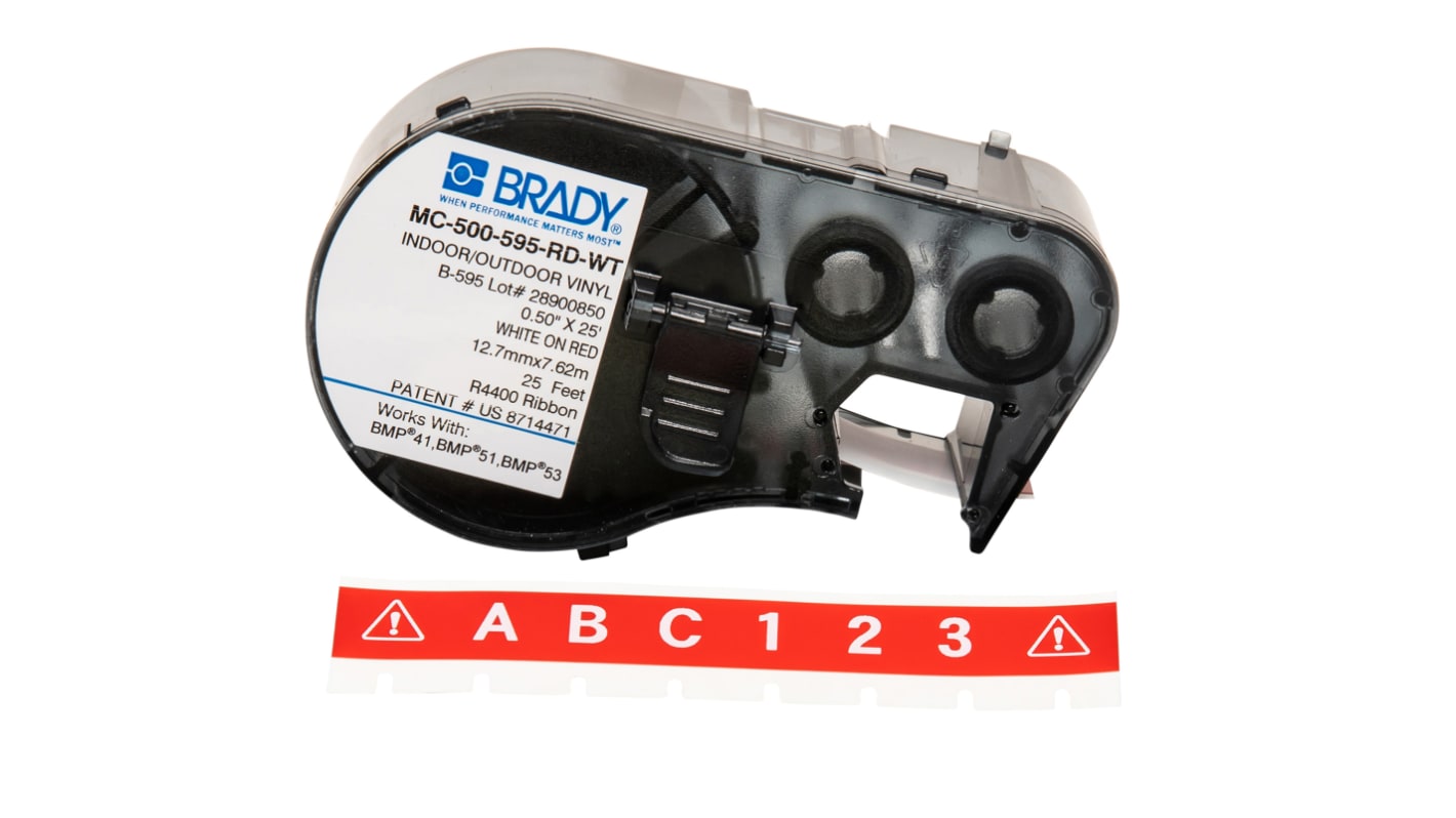 Brady B-595 Vinyl White on Red Label Printer Tape, 7.62 m Length, 12.7 mm Width