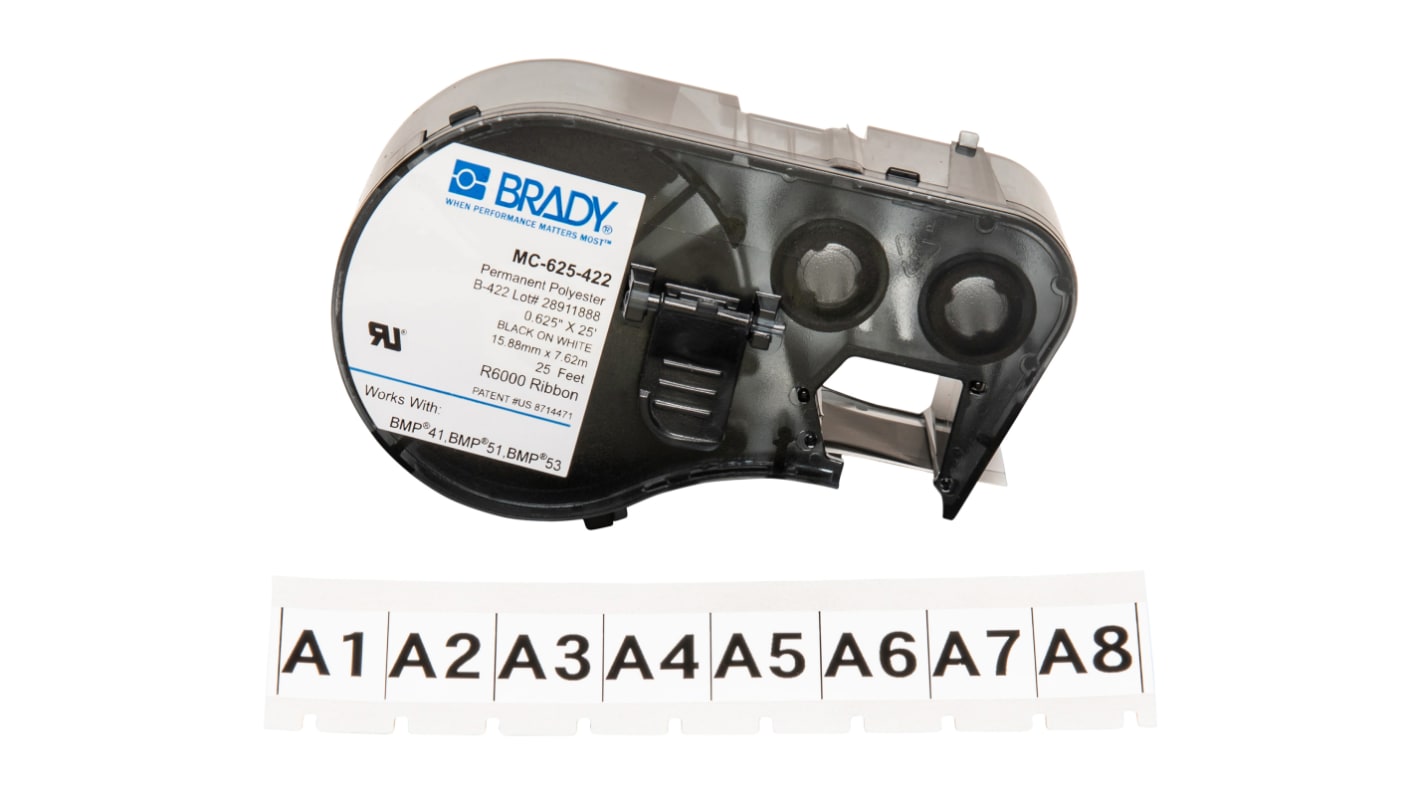 Brady B-422 Black on White Label Printer Tape, 7.62 m Length, 15.88 mm Width