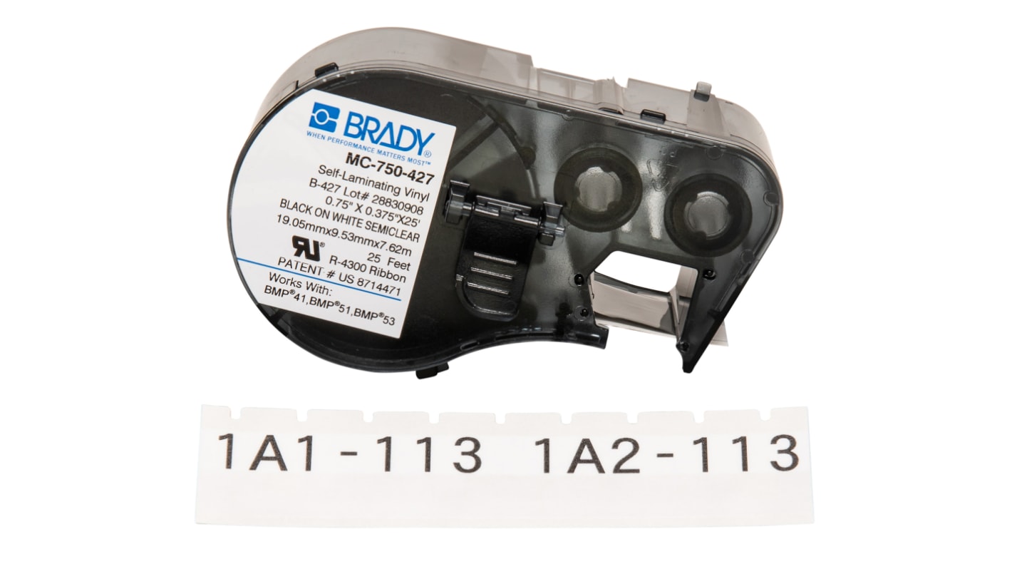 Brady B-427 Self-laminating Vinyl Black on White/Transparent Label Printer Tape, 7.62 m Length, 19.05 mm Width