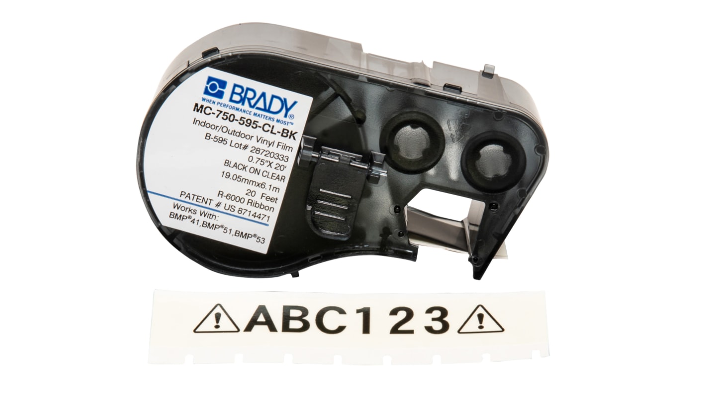 Brady B-595 Vinyl Black on Transparent Label Printer Tape, 6.1 m Length, 19.05 mm Width