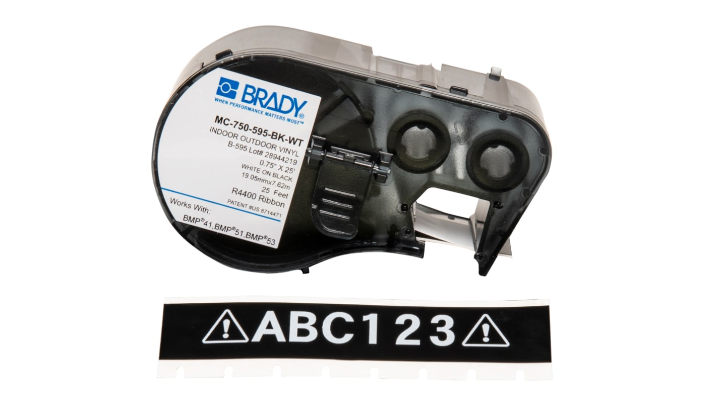 Brady B-595 Vinyl White on Black Label Printer Tape, 7.62 m Length, 19.05 mm Width