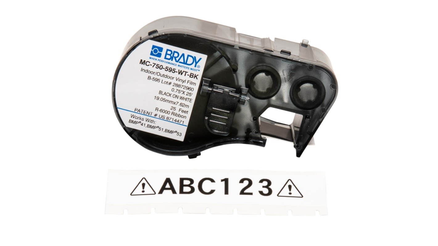 Brady B-595 Vinyl Black on White Label Printer Tape, 7.62 m Length, 19.05 mm Width