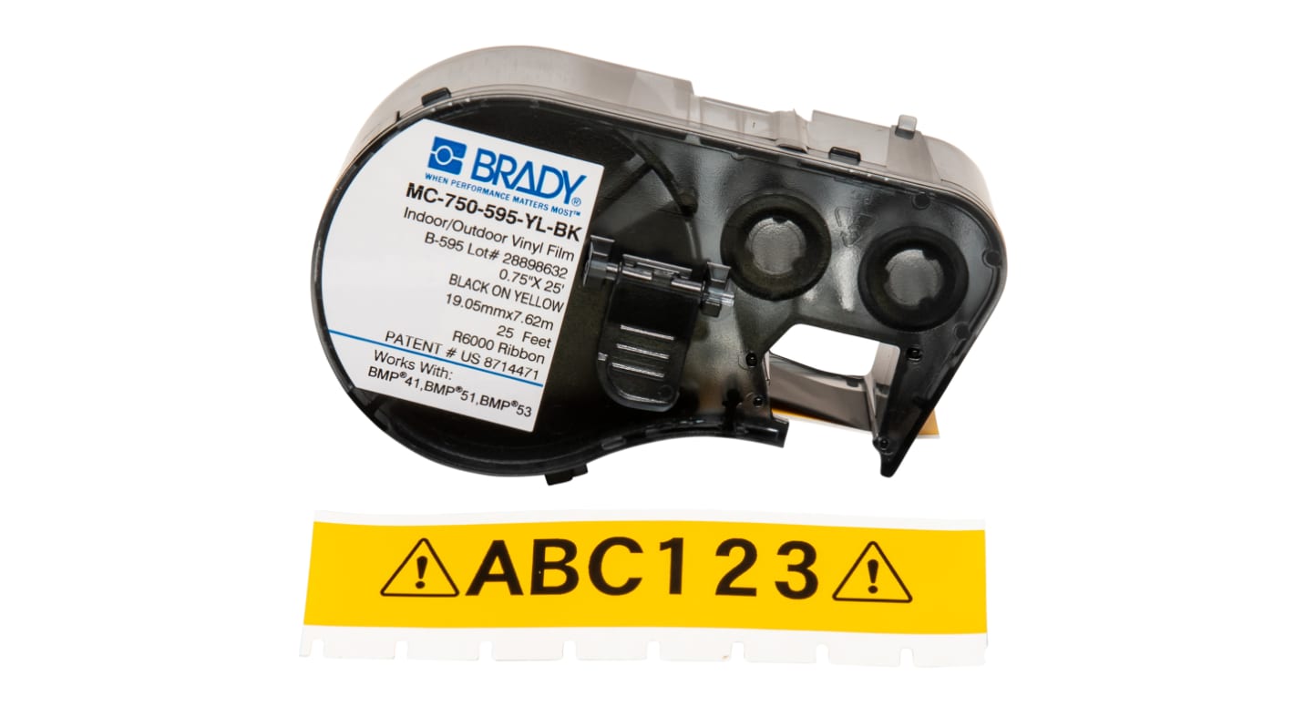 Brady B-595 Vinyl Black on Yellow Label Printer Tape, 7.62 m Length, 19.05 mm Width