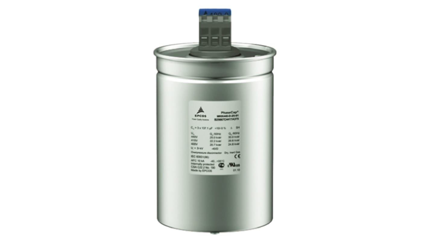 Epcos B25667C Polypropylene Film Capacitor, 440 V ac, 525 V ac, -5 → +10%, 144μF, Stud Mount