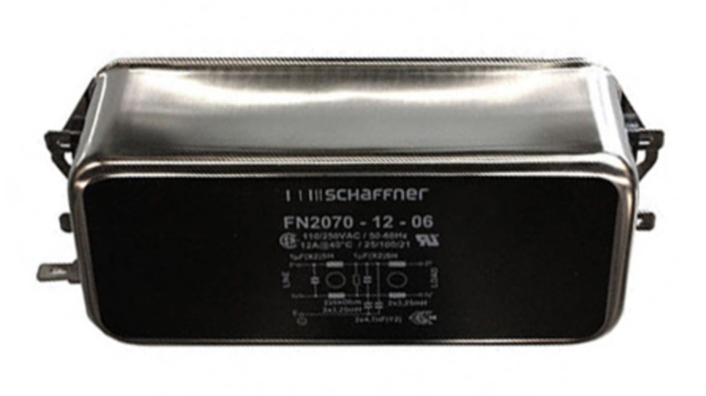 Schaffner FN2070 EMV-Filter, 250 V AC/DC, 12A, Gehäusemontage 13.1W, Flachstecker, 1-phasig 0,734 mA / 400Hz Two Stage