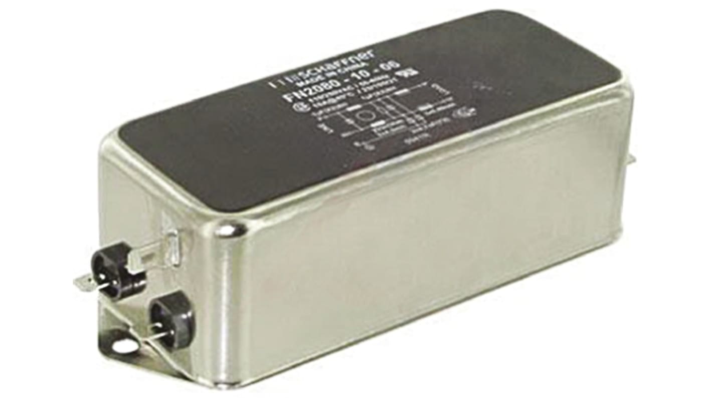 Schaffner 1 μF, 4.7nF EMI-szűrő 12A, 250 V AC/DC, 400Hz, Sasszira szerelhető 3,25 mH, 50 μH, lezárás: Fast-On 0,734 mA,