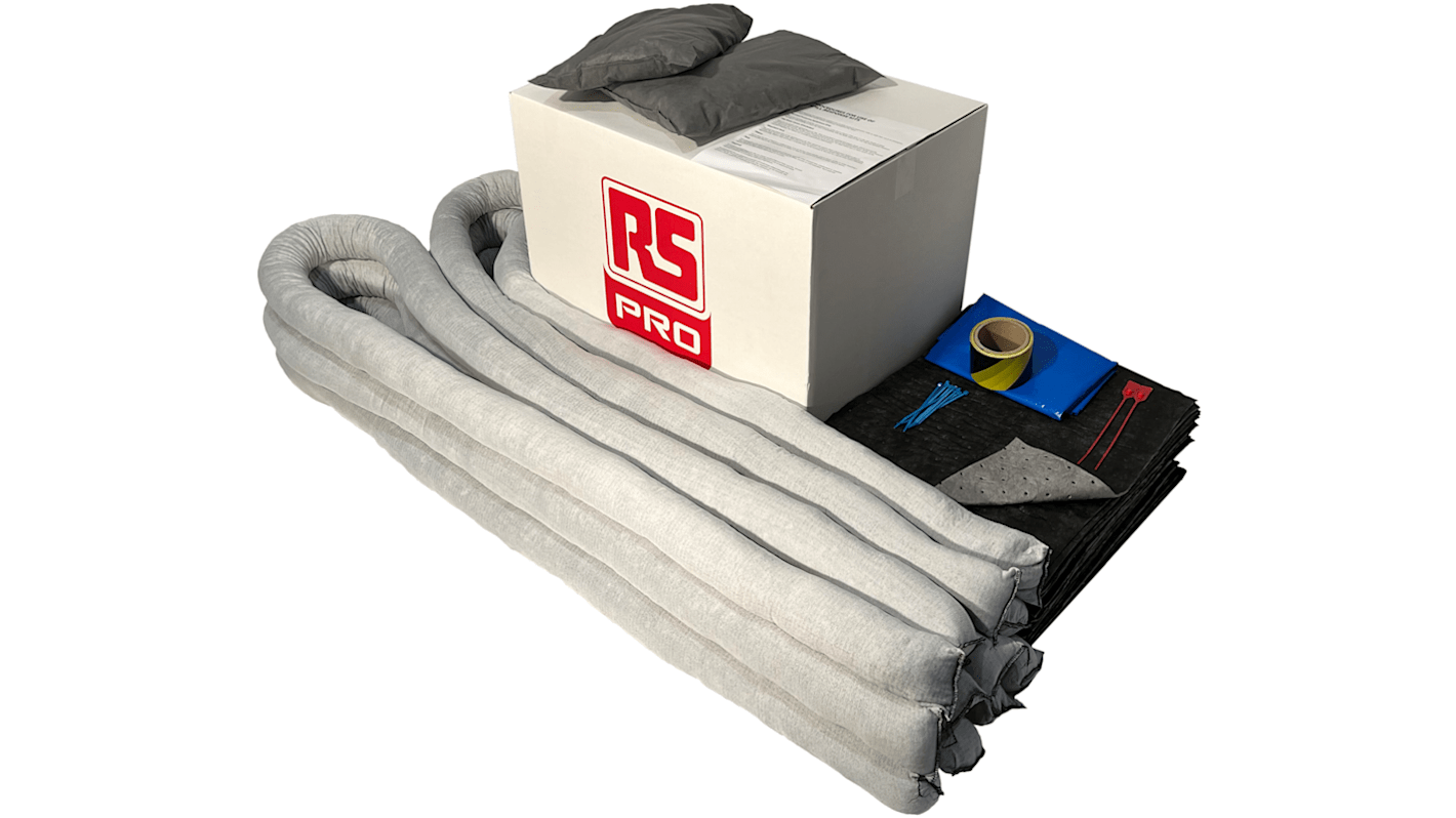 Kit de déversement contient 60 x coussinets, 6 x chaussettes de 3 m, 2 x oreillers, 1 x ruban d'avertissement de